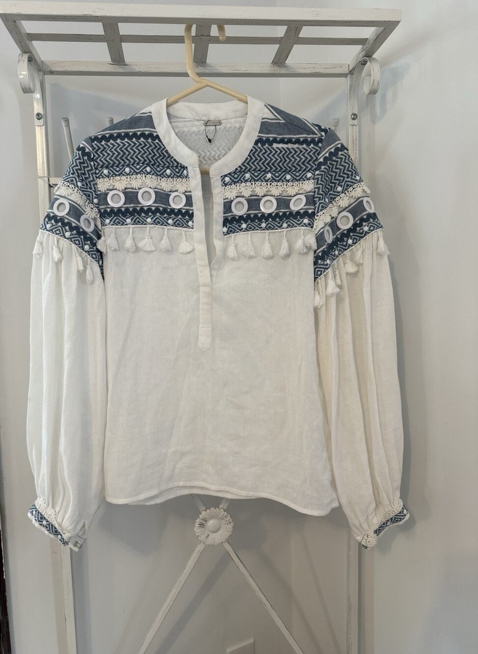 DODO BAR OR Nathaniel White Blue Embroidered Balloon Sleeve Top Md preppy